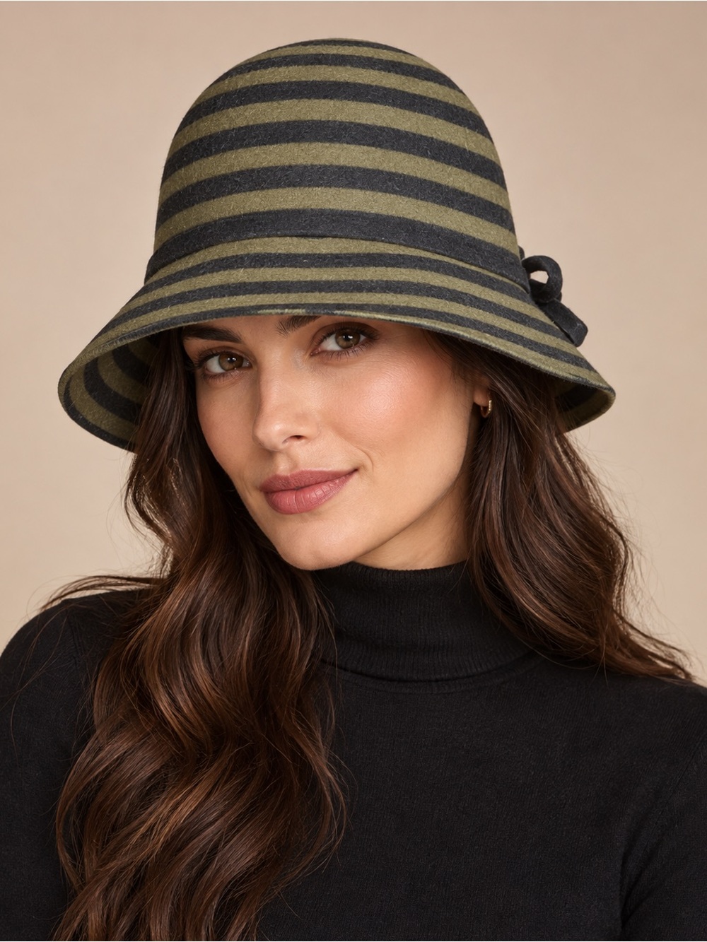 Something Special Olive and Black Striped 100% Wool Felt Cloche Hat